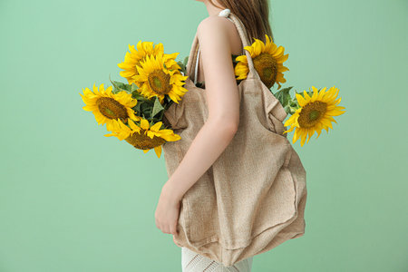 Young woman with beautiful sunflowers in bag on green backgroundの写真素材