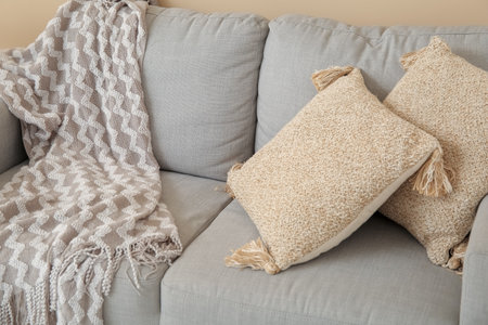 Gray sofa with cozy blanket and cushions, closeupの写真素材
