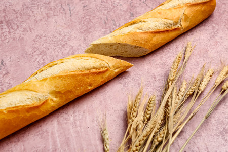 Sliced baguette and wheat ears on pink tableの写真素材