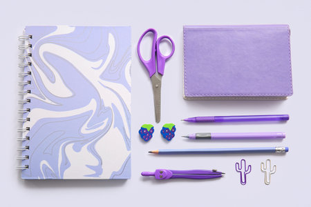 Different school stationery and notebooks on white background