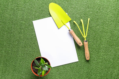 Composition with blank paper sheet, gardening tools and potted plant on color backgroundの写真素材