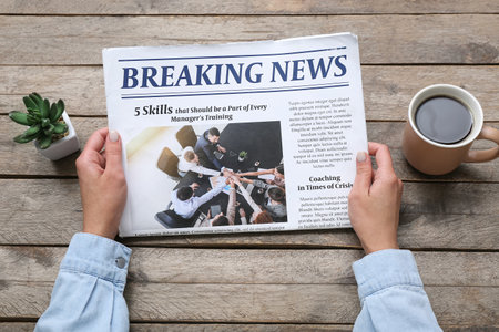 Woman reading newspaper with cup of coffee on gray wooden backgroundの写真素材