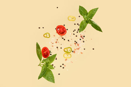 Flying spices, vegetables and basil on color backgroundの写真素材