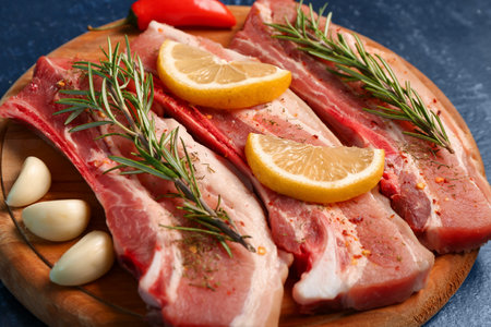 Wooden board with raw pork ribs, rosemary and spices on dark color background, closeupの写真素材