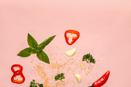 Flying spices and vegetables on pink backgroundの写真素材