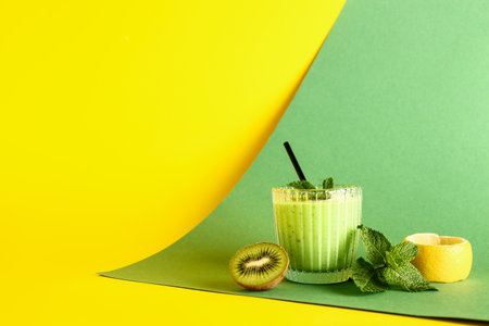Glass of fresh kiwi smoothie with mint on colorful backgroundの写真素材