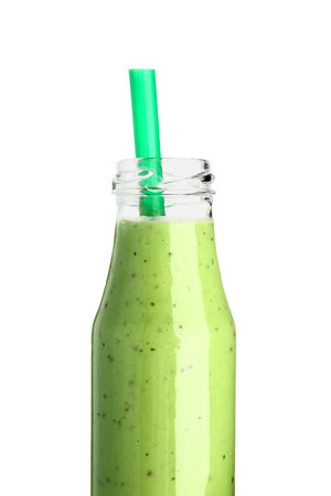 Bottle of fresh kiwi smoothie on white backgroundの写真素材