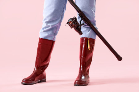 Legs of young woman in gumboots and with fishing rod on pink backgroundの写真素材