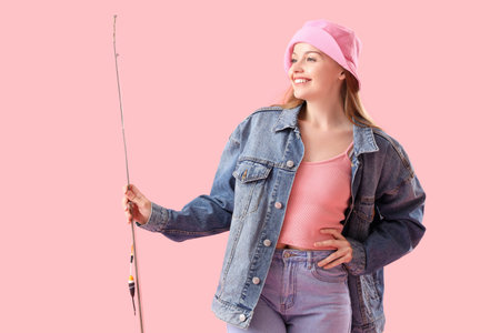 Happy young woman with fishing rod on pink background