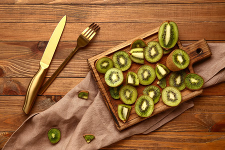 Board with slices of fresh kiwi on wooden backgroundの写真素材