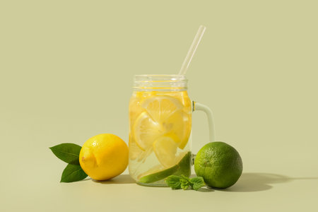 Mason jar of tasty lemonade with lime and mint on green backgroundの写真素材