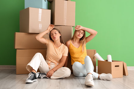 Tired female students in dorm room on moving dayの写真素材