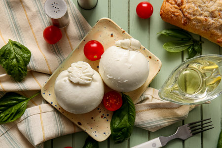Plate of tasty Burrata cheese with basil and tomatoes on green wooden backgroundの写真素材