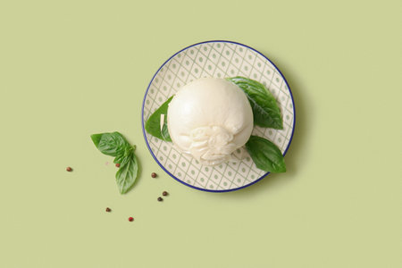 Plate of tasty Burrata cheese with basil on green backgroundの写真素材