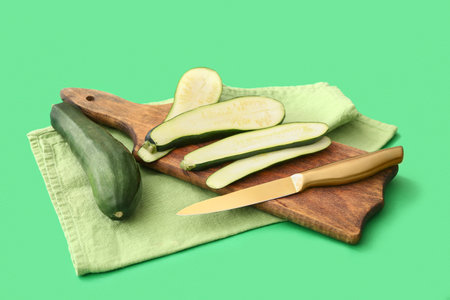 Wooden board with slices of fresh zucchini on green backgroundの写真素材