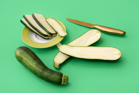Fresh zucchini and plate with slices on green backgroundの写真素材