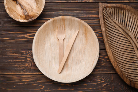 Different tableware on wooden backgroundの写真素材