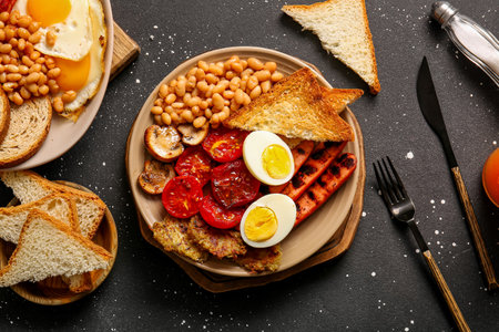 Plates of tasty English breakfast with eggs on black backgroundの写真素材