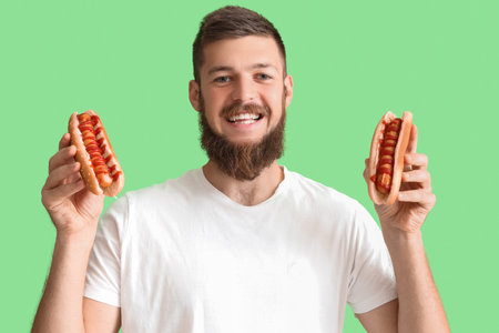 Portrait of happy young man with tasty hot dogs on green backgroundの写真素材
