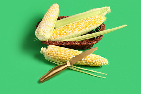 Wicker basket with fresh corn cobs on green backgroundの写真素材