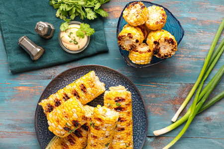 Plate and bowl of tasty grilled corn cobs with parsley on blue wooden backgroundの写真素材