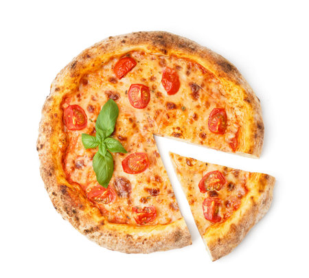 Tasty pizza Margarita with tomatoes and basil on white backgroundの写真素材
