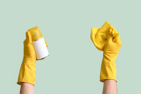 Woman with air freshener and rag on green background