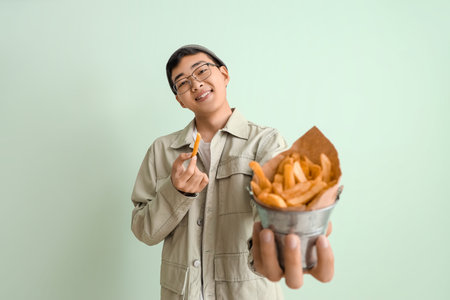 Young Asian man with bucket of french fries on green backgroundの写真素材