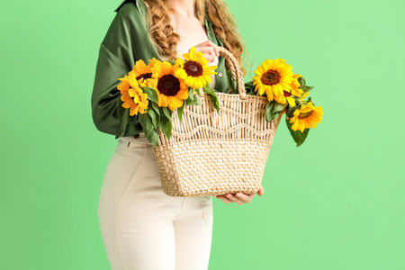 Young woman with bag of sunflowers on green backgroundの写真素材