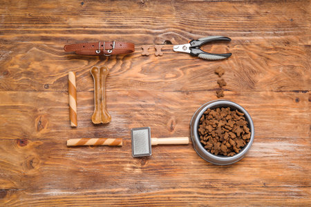 Frame made of different pet food and accessories on wooden backgroundの写真素材