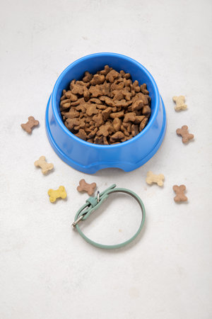 Pet collar and bowl of dry food on light backgroundの写真素材