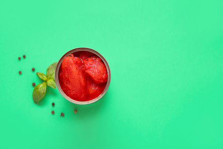Tin can with tomatoes and spices on color backgroundの写真素材