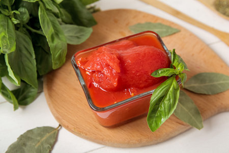 Bowl of canned tomatoes and fresh basil on light wooden table, closeupの写真素材