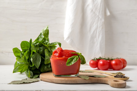 Bowl of tasty canned tomatoes, spices and basil on light wooden tableの写真素材