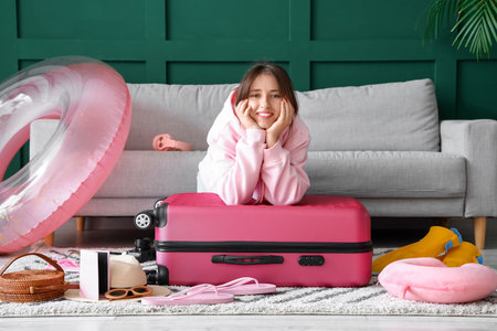 Young woman with suitcase and beach accessories at homeの写真素材