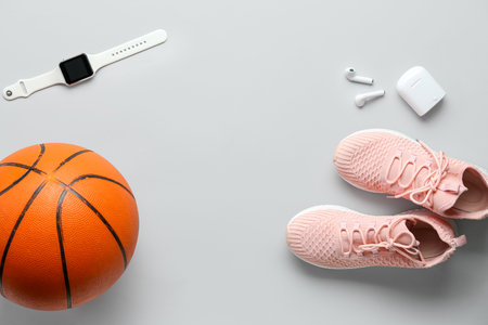 Pair of sneakers, ball for playing basketball and modern gadgets on light backgroundの写真素材