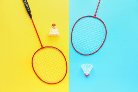 Badminton shuttlecocks and rackets on color backgroundの写真素材