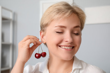 Beautiful happy young woman with ripe cherries in living roomの写真素材