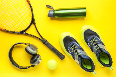 Composition with sports equipment, shoes and headphones on yellow backgroundの写真素材