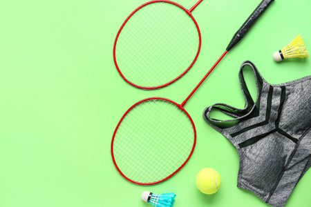 Set of sports equipment and clothes on color backgroundの写真素材