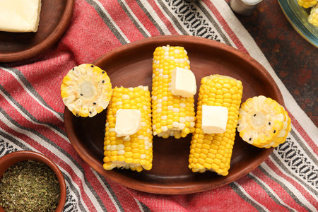 Plate of boiled corn cobs with butter on dark backgroundの写真素材