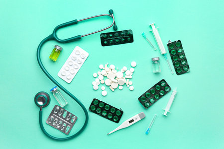 Composition with pills and stethoscope on turquoise backgroundの写真素材