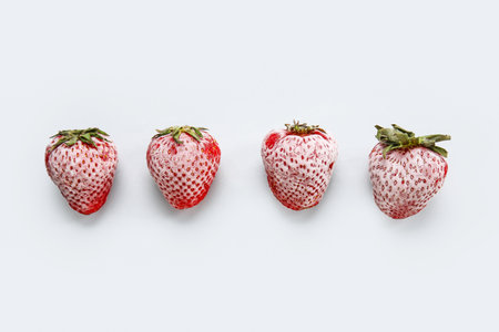Frozen strawberries on white backgroundの写真素材