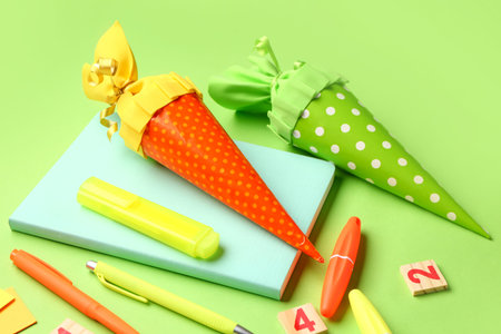 Colorful school cones and stationery on green background