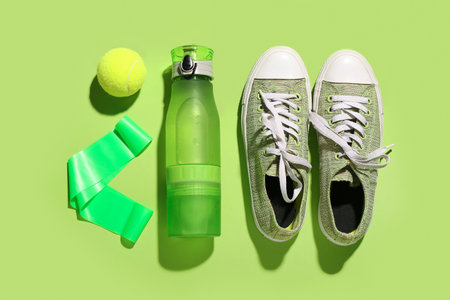 Composition with bottle of water, shoes, elastic band and tennis ball on color backgroundの写真素材