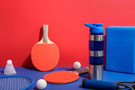 Bottle of water and different sports equipment on color backgroundの写真素材