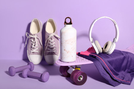 Composition with different sports equipment, shoes and bottle of water on lilac backgroundの写真素材