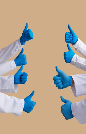 Doctors in medical gloves showing thumbs-up on beige backgroundの写真素材