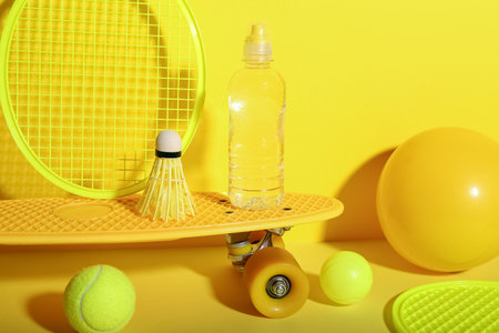 Set of sports equipment with bottle of water on yellow backgroundの写真素材