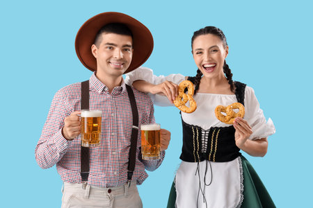 Young couple in traditional German clothes with beer and pretzels on blue backgroundの写真素材